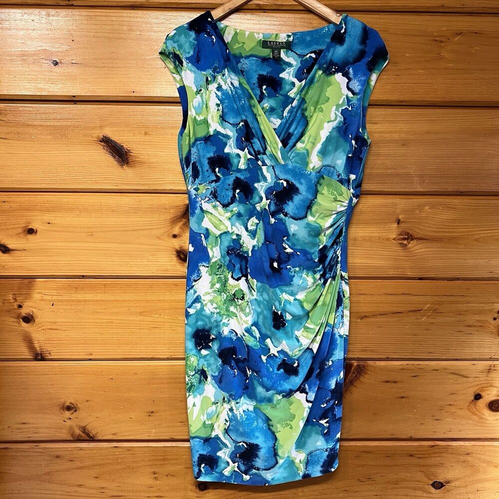 Lauren Ralph Lauren Floral V-Neck Sheath Dress, Ruched Waist Women's Size 10P - Picture 2 of 6